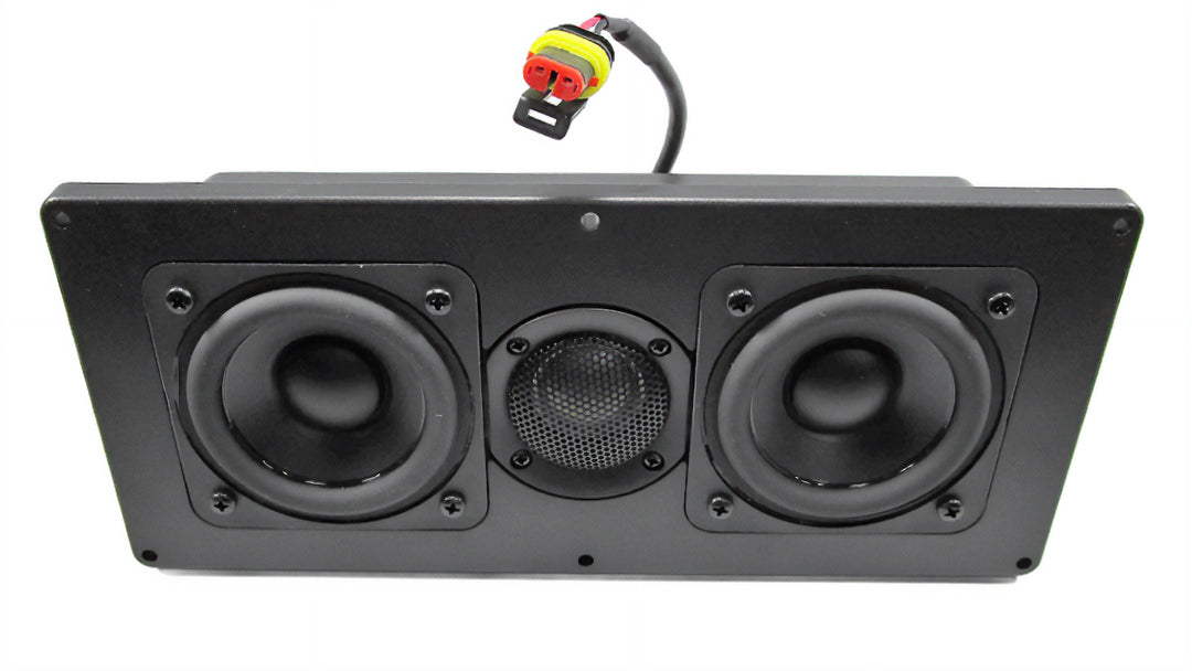 Dash pod speaker for 2020-2022 Malibu and Axis boats, featuring dual woofers and a central tweeter for enhanced audio.