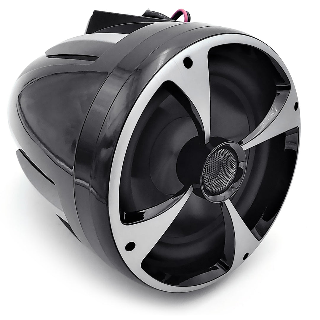 ICON8 Tower Speaker Malibu-Black, a sleek black tower speaker with a modern design, featuring a large circular speaker and metallic accents.