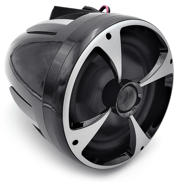 ICON8 Tower Speaker Malibu-Black, a sleek black tower speaker with a modern design, featuring a large circular speaker and metallic accents.