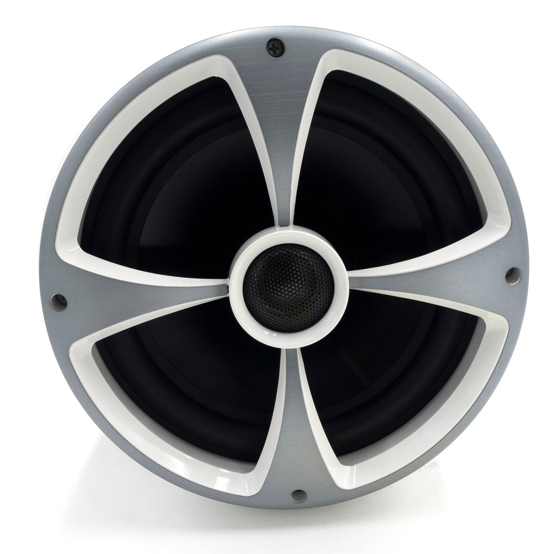 Icon8 Malibu-Black tower speaker with a circular design, black speaker cones, and white accents, suitable for car audio systems.