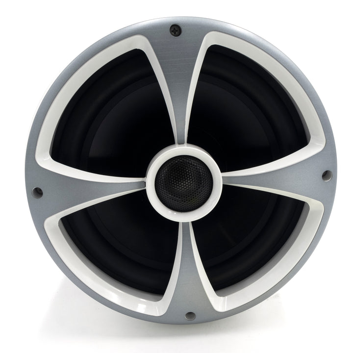 Icon8 Malibu-Black tower speaker with a circular design, black speaker cones, and white accents, suitable for car audio systems.