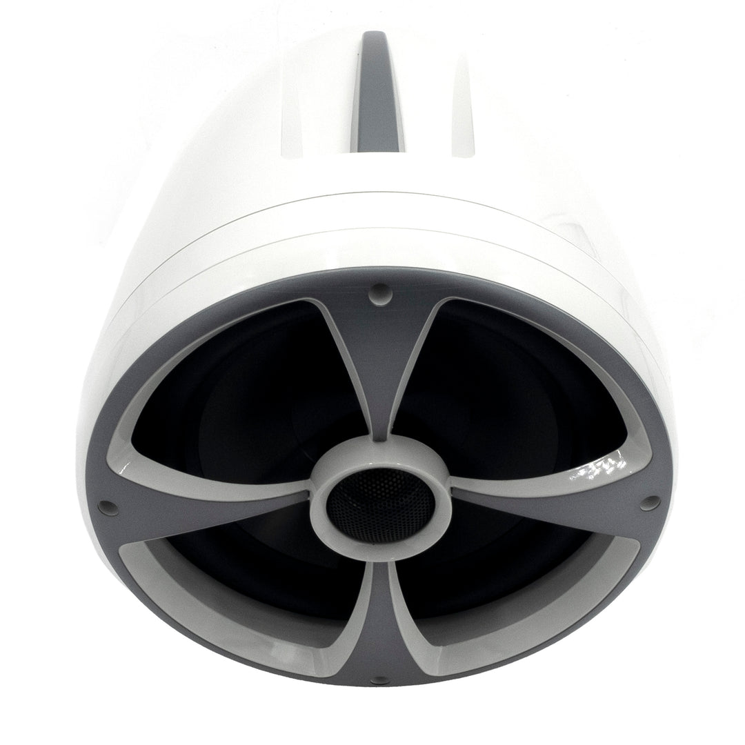 ICON8 Tower Speaker Malibu-Black front view, showcasing its sleek black design and large speaker grille with a modern aesthetic.