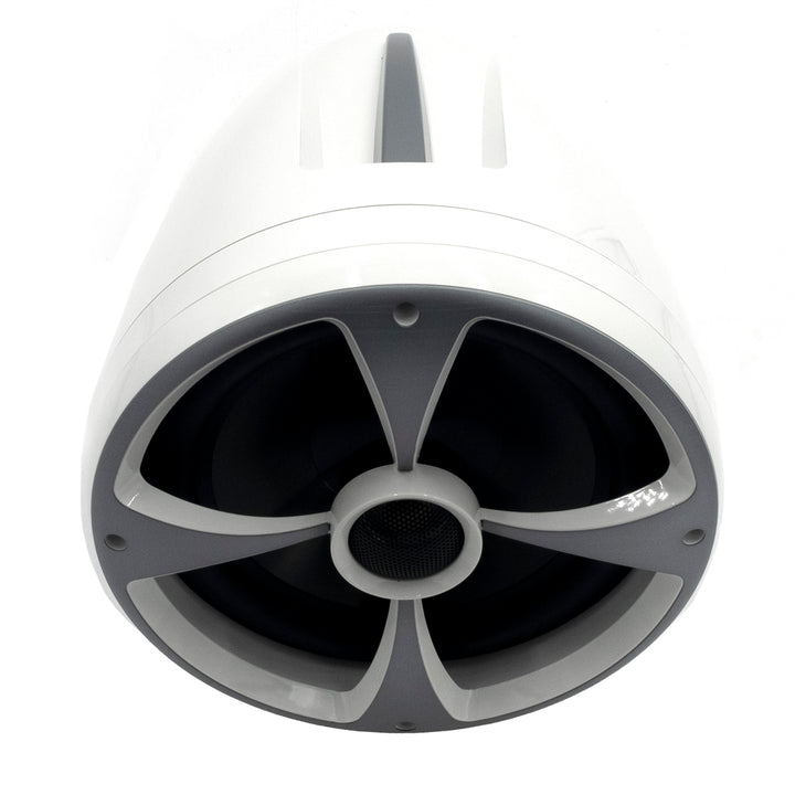 ICON8 Tower Speaker Malibu-Black front view, showcasing its sleek black design and large speaker grille with a modern aesthetic.
