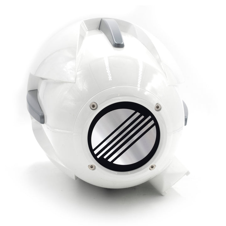 Icon8 Malibu-Black tower speaker with a sleek white design, gray accents, and a circular front grille.