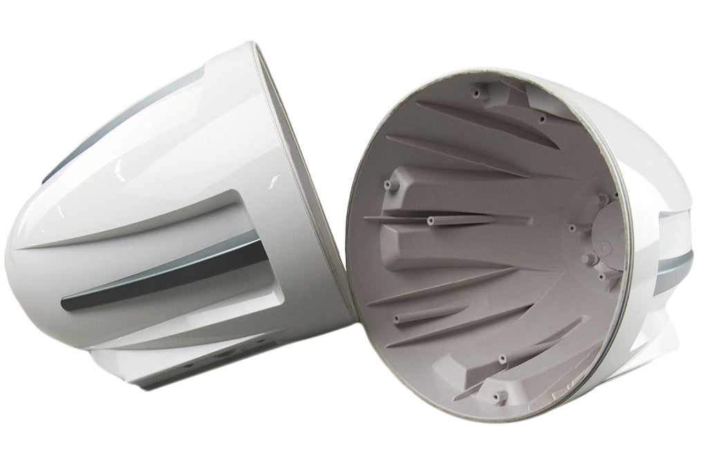 White Malibu REV10 speaker housing with an open, vented interior and sleek exterior design.