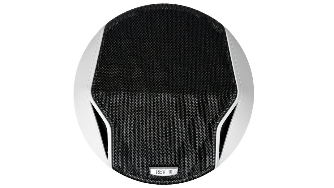 White grille for the 2022 Malibu Rev 10 speaker, featuring a sleek design with a mesh cover for optimal sound performance.