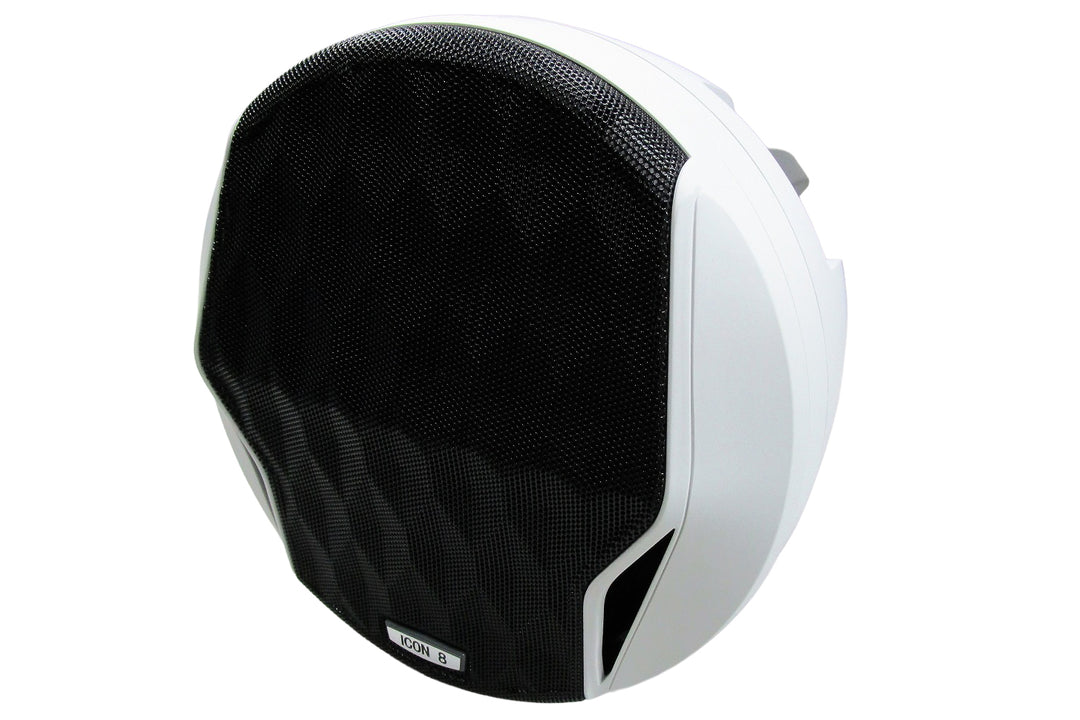 Icon 8 Tower Speaker in white with a black grill, designed for high-quality sound on boats and outdoor settings.