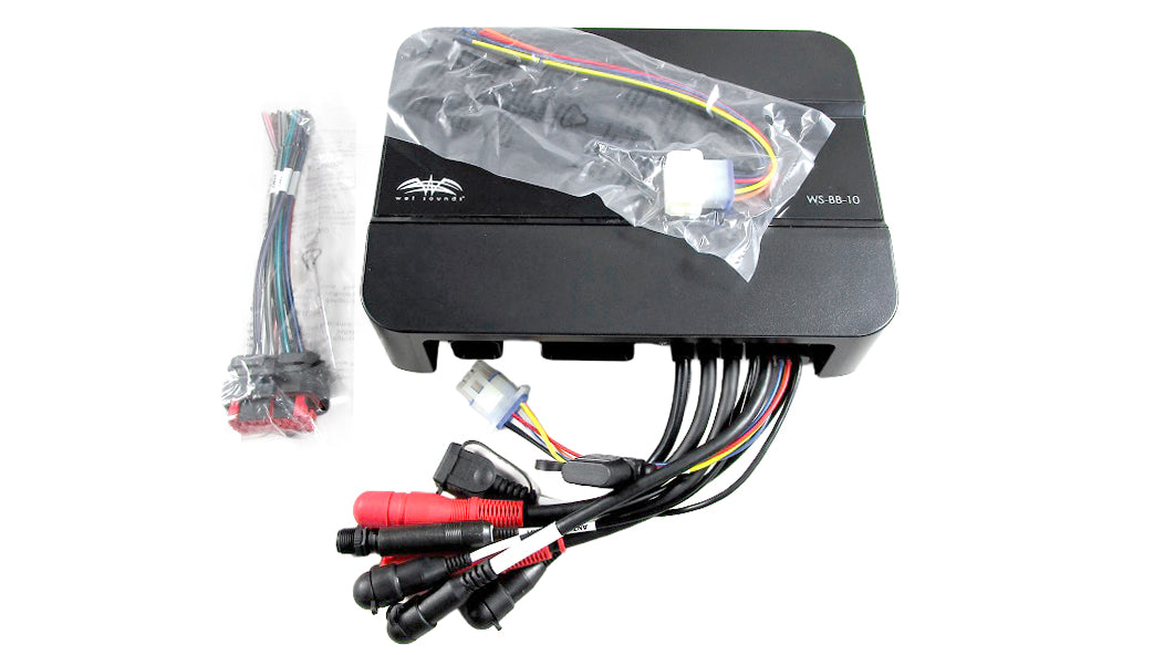 Black Box WS-BB10 stereo system with wiring harness and connectors for Malibu and Axis boats, enhancing audio experience.