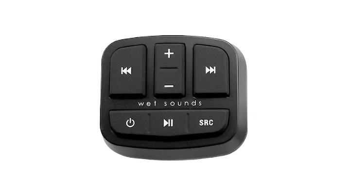 Malibu Transom Remote for easy control of audio systems on boats, featuring intuitive buttons for playback and volume.