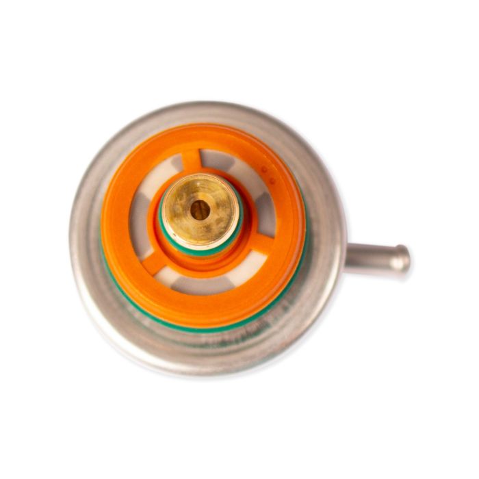 4 Bar Fuel Pressure Regulator featuring a metallic body and vibrant orange and green seals for optimal performance.