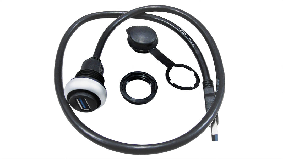 USB socket plug with a rubber cap, designed for 22mm installation, featuring a durable cable for marine use.