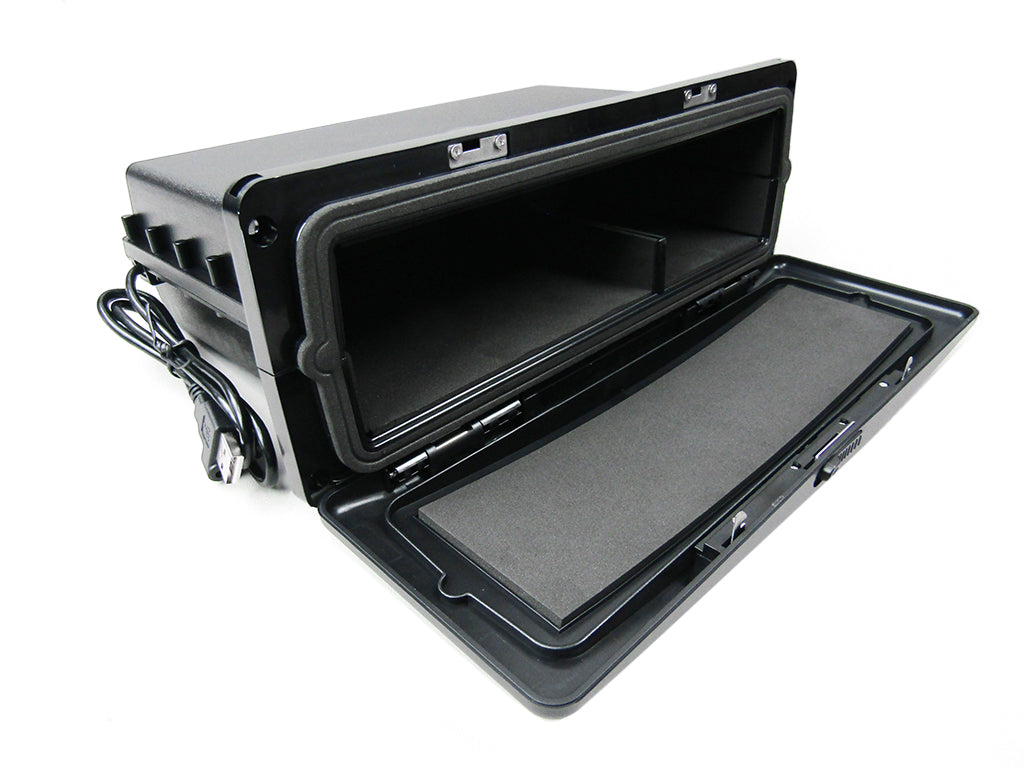 Malibu water-resistant storage box with open lid, foam padding inside, and power cord attached, designed for secure waterproof storage.