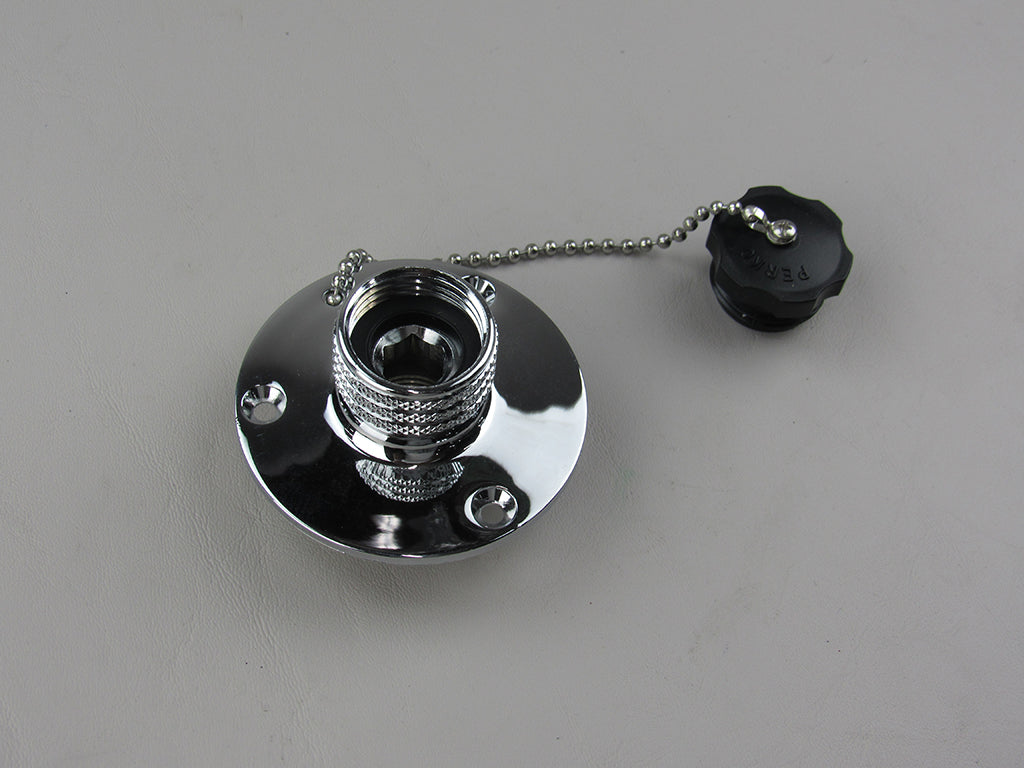 Malibu Flush Pro water inlet with chrome finish, threaded connection, and attached black cap with chain.
