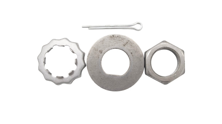 Spindle Nut Kit for Dexter includes three metal components: a spindle nut, a lock nut, and a retaining pin.