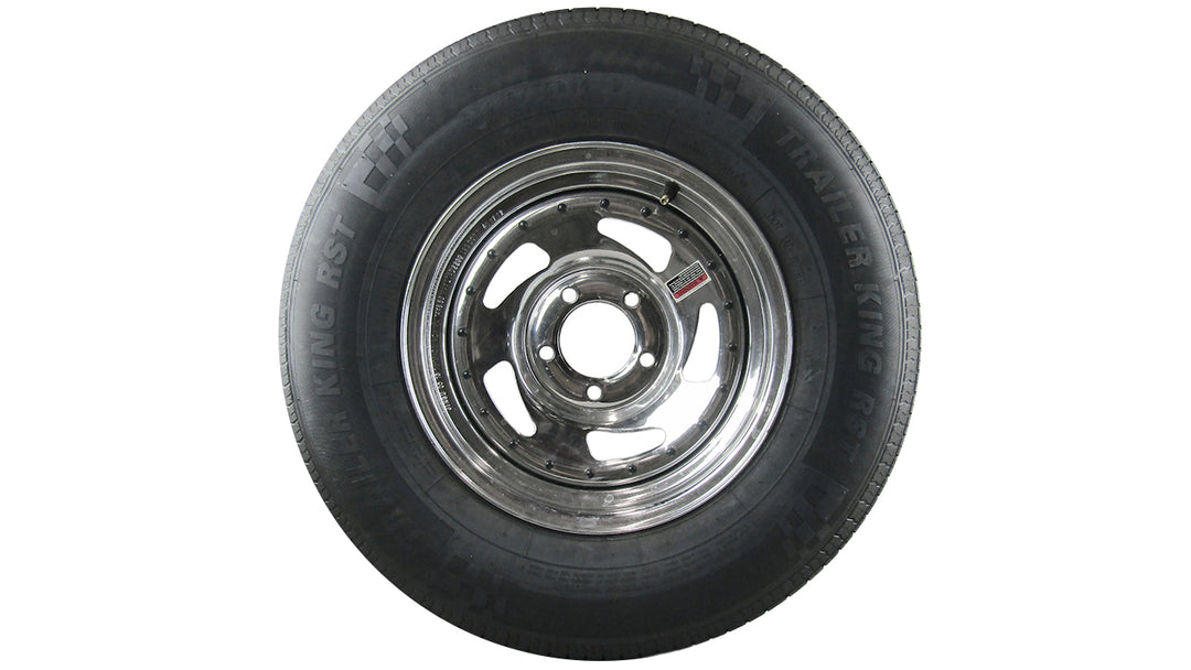 Malibu Trailer Wheel and Tire 14x5.5 ST215/75R14 featuring a chrome wheel and durable tire for reliable towing.