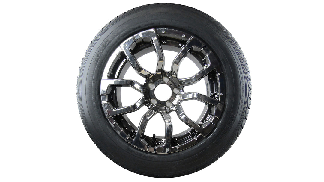 Malibu Elite Aluminum Wheel and Tire HE1818 featuring a sleek design with a polished finish and durable rubber tread.