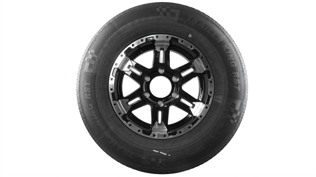 15-inch aluminum Turismo wheel with a black finish and tire, designed for Malibu boats and trailers.