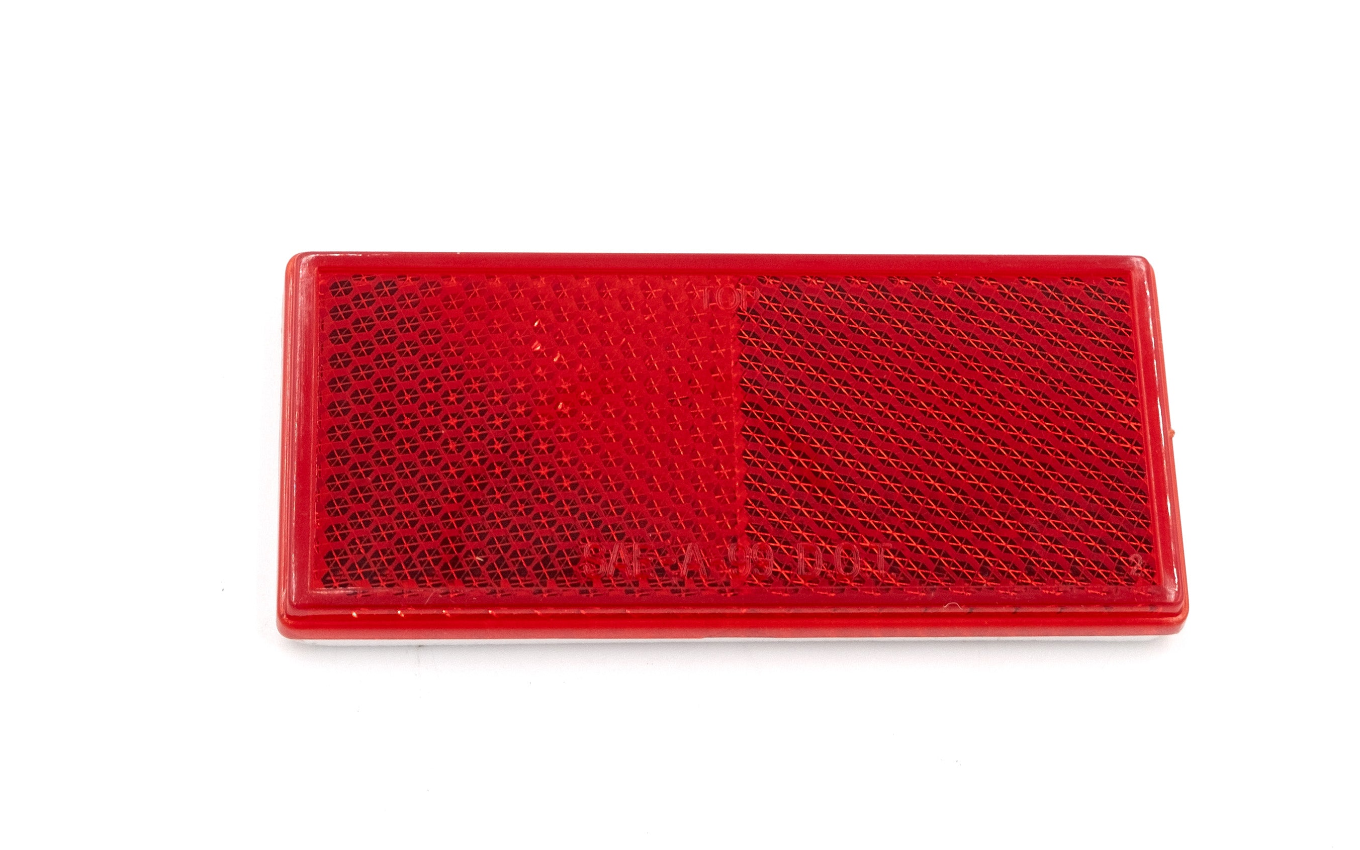 Red reflector for Malibu/Axis trailer, rectangular with a textured surface and a reflective pattern for visibility.