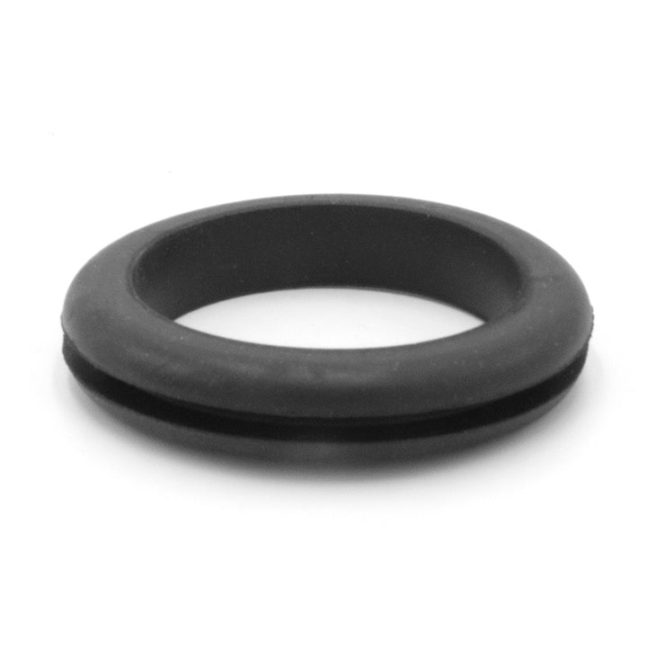 Black guide pole grommet with a circular shape, used for protecting and guiding cables or poles through surfaces.