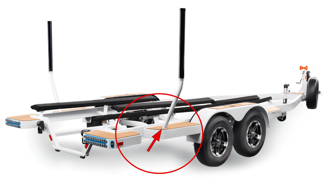 Guide pole grommet on a boat trailer, used to secure and guide the boat during loading and unloading.