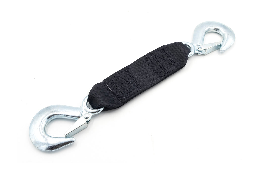 A 12-inch bow safety strap featuring metal hooks on both ends and a padded black fabric grip in the center on a white background.