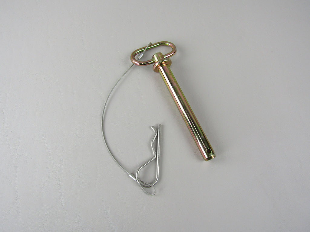 Swing tongue pin, 6.5 inches long, with a safety clip and ring, used for trailer hitch or towing equipment.