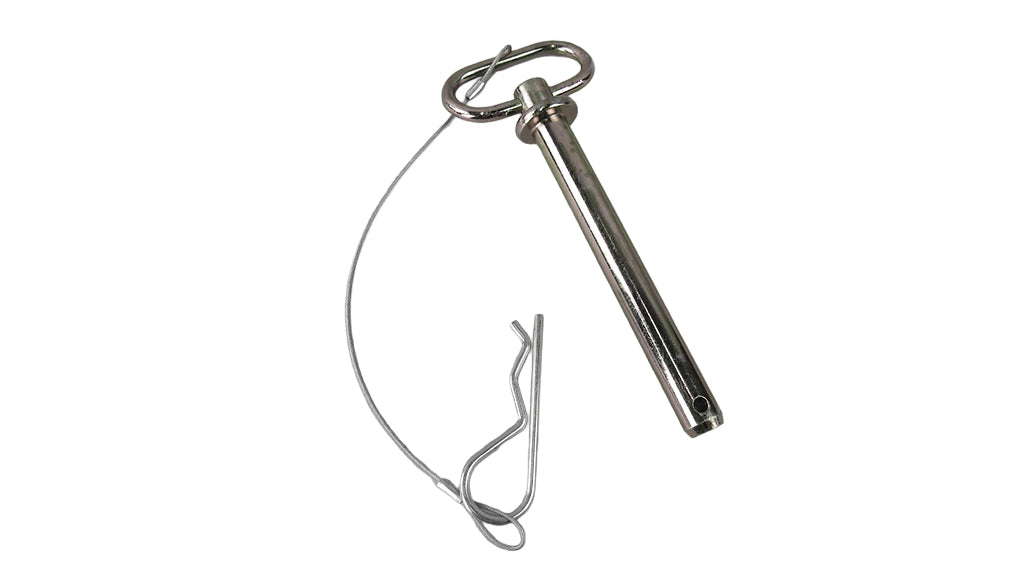 Stainless steel swing tongue pin, 6.5 inches long, with a safety wire for secure attachment in boating applications.