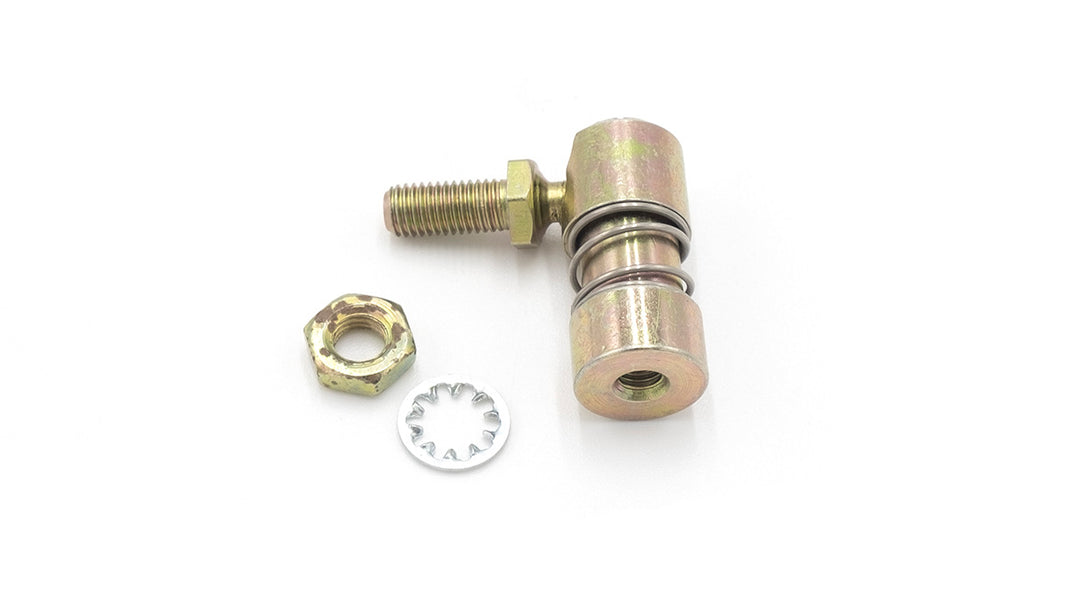 Metal Indmar cable ball joint with threaded bolt, lock nut, and retaining ring, used for marine steering or control linkages.