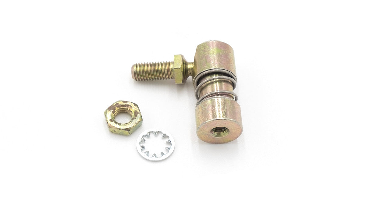 Metal Indmar cable ball joint with threaded bolt, lock nut, and retaining ring, used for marine steering or control linkages.