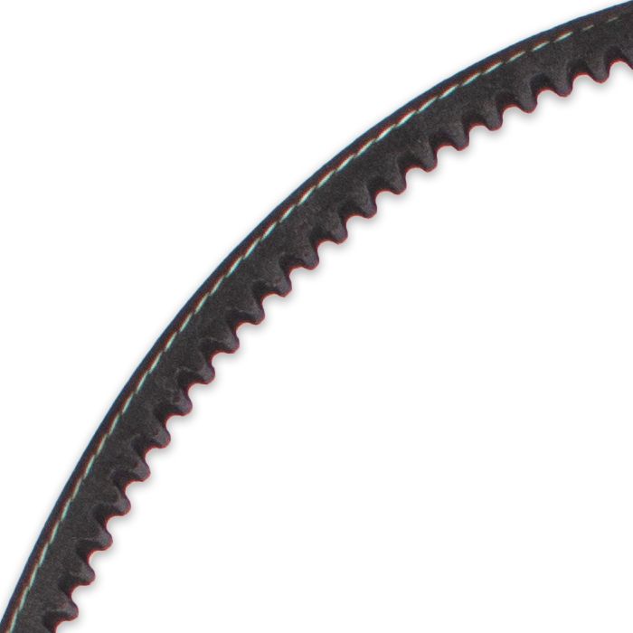 Close-up of a black Indmar V belt with textured surface and white stitching, used for engine drive systems.