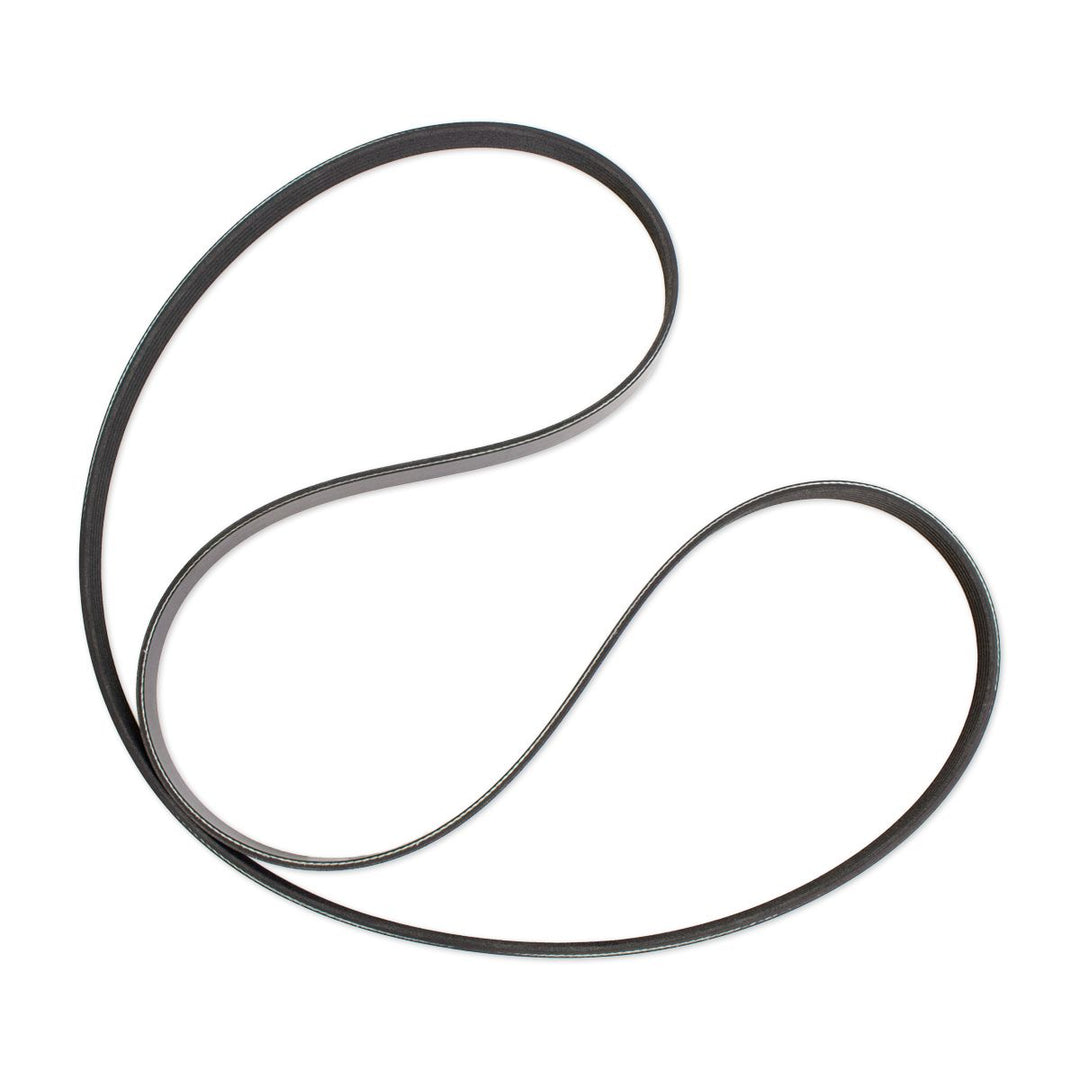 Serpentine belt for 8.1L Delco alternator, black rubber, coiled with multiple grooves, used in automotive engine accessory drive systems.