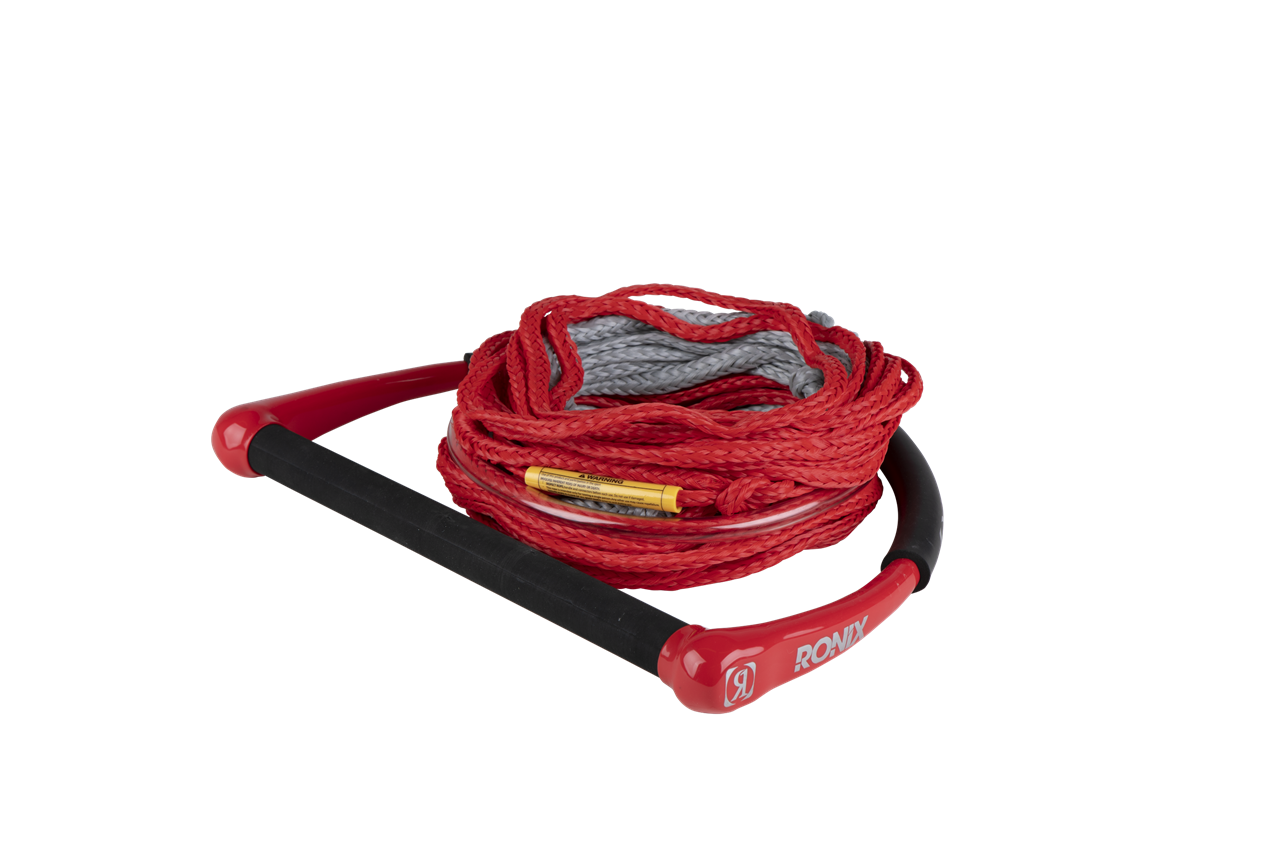 2025 Ronix Combo 1.0 Rope with a red and gray rope coiled inside a black and red handle for water sports training.