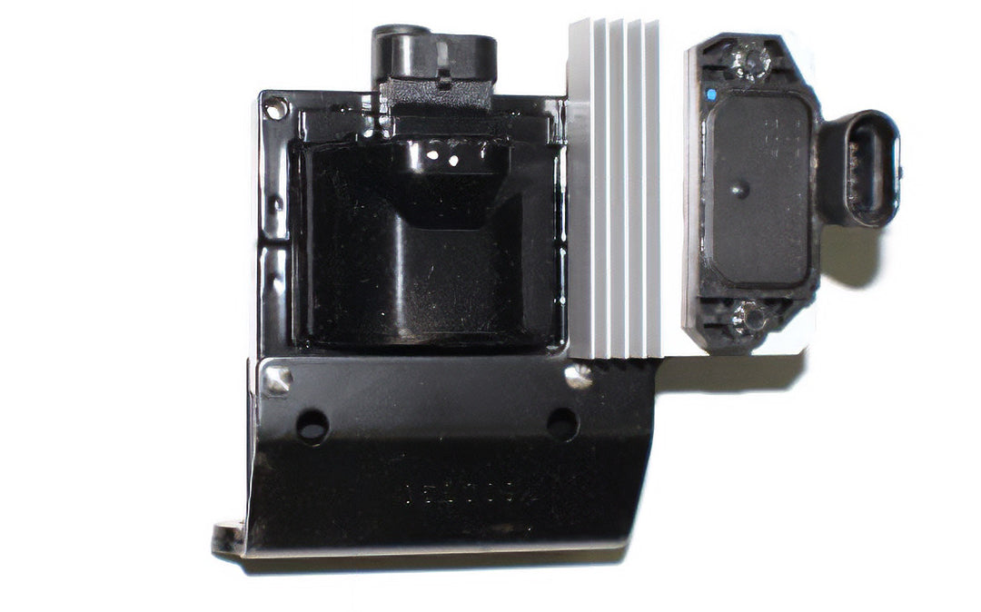 Coil assembly with module, black and silver components, used in HVAC or electronic systems, isolated on white background.