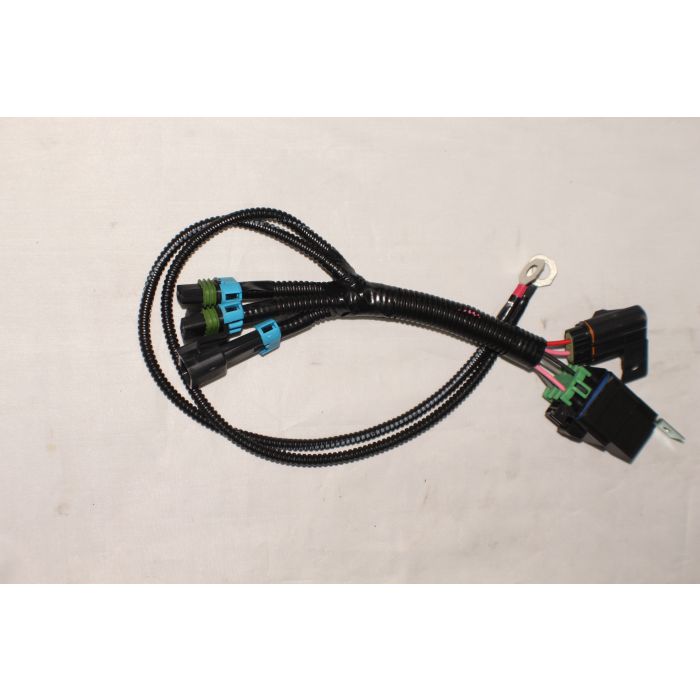 Indmar fuel pump relay harness with multiple color-coded connectors and protective wiring for marine engine fuel systems.