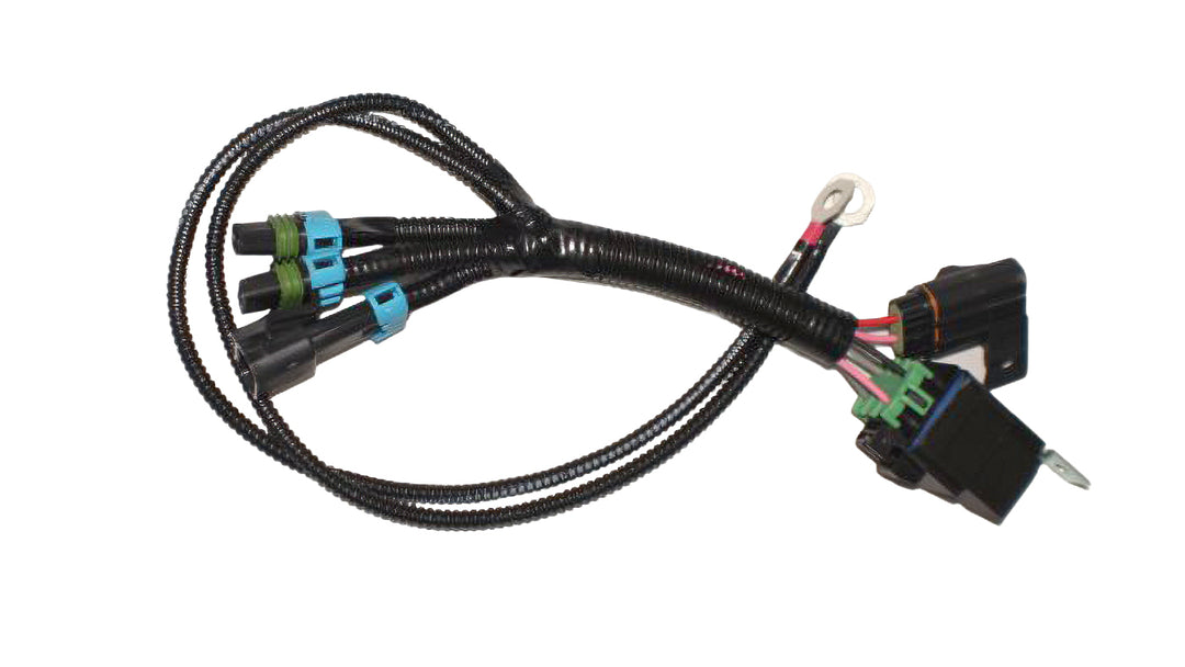 Indmar fuel pump relay harness with black wiring, colorful connectors, and metal terminal for vehicle fuel system connection.