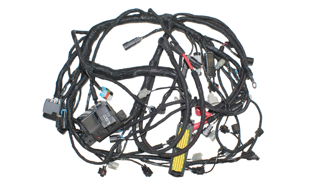 805911 6.2L Raptor engine wiring harness featuring various connectors and protective sheathing for optimal performance.
