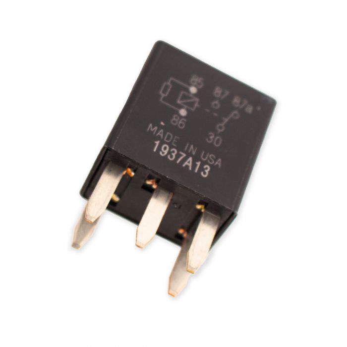 Small black relay for fuel, ignition, and starter in MEFI 5 &amp; 6 systems, with metal prongs and printed wiring diagram.