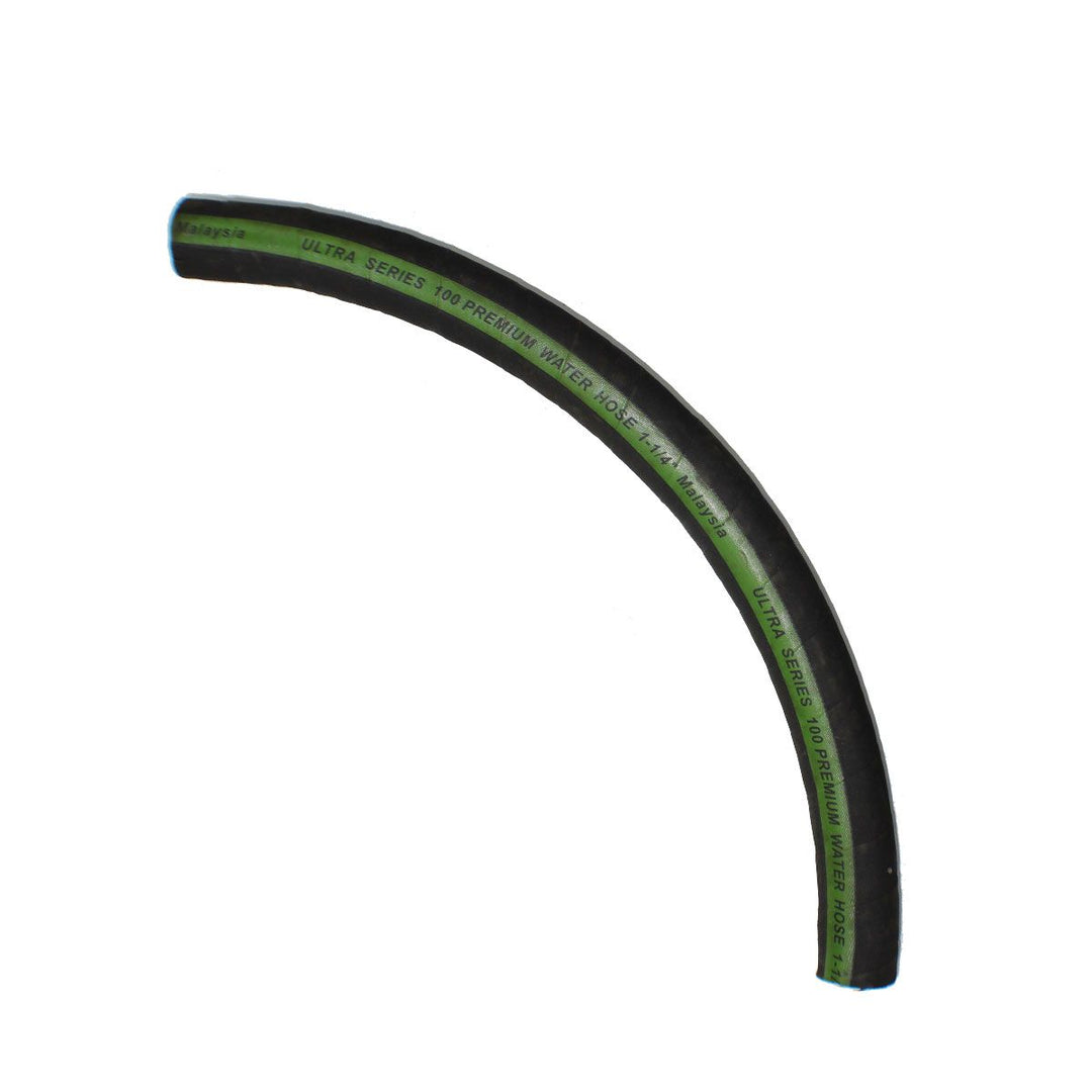 Indmar 1 1/4-inch wire reinforced water hose, black with green label, designed for high-pressure water transfer applications.