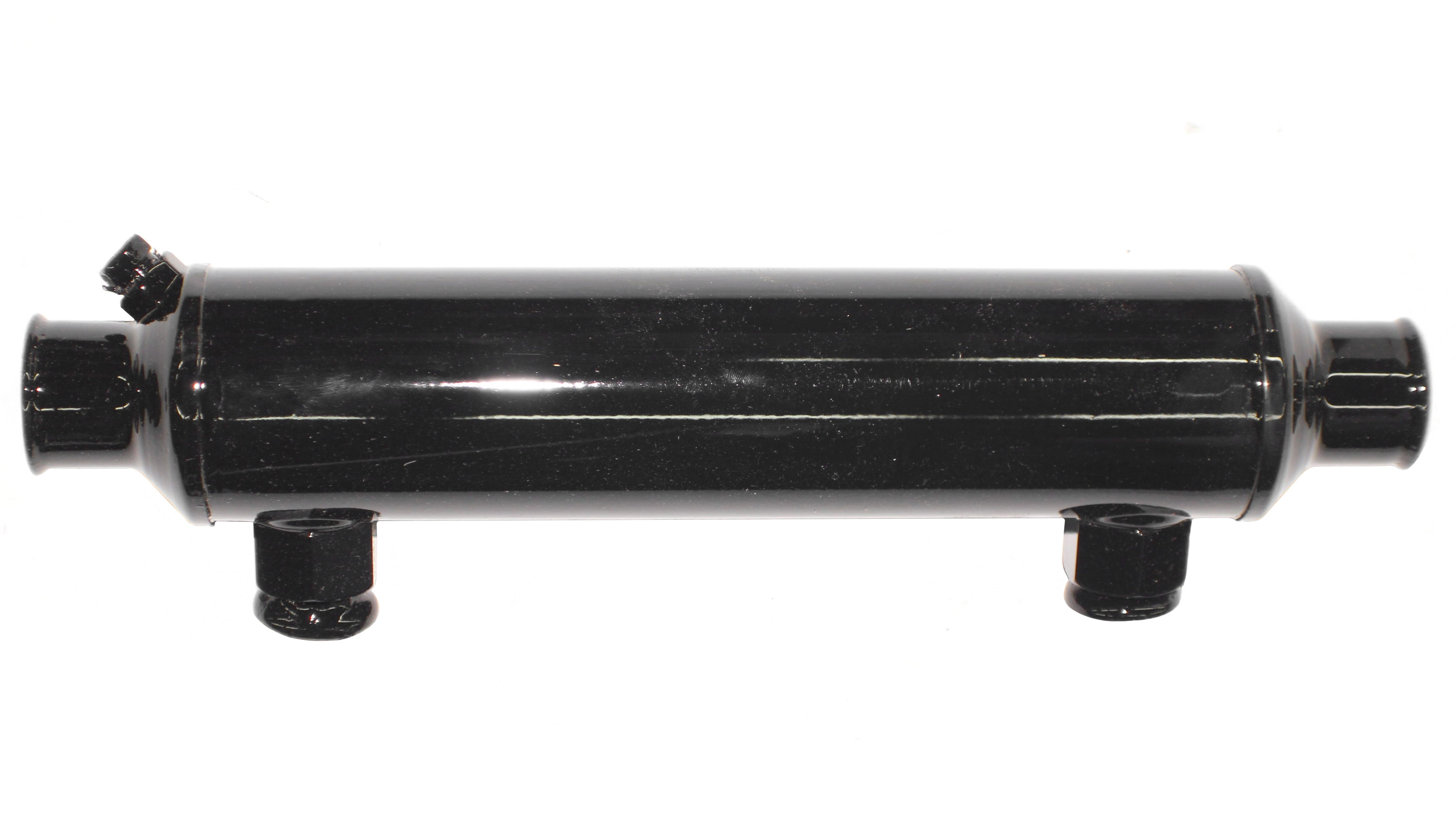 Black 9-inch oil cooler with inlet and outlet fittings, designed for efficient heat dissipation in automotive or machinery applications.
