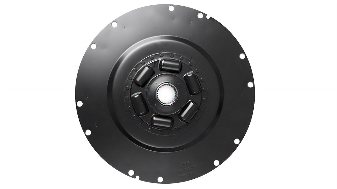 Cupped drive plate for Chevy Weasler, featuring a black finish and multiple mounting holes for secure installation.