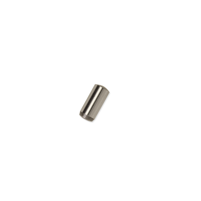 Metal dowel pin with a flange, designed for output flange assembly, featuring a thru-hole for secure fitting.