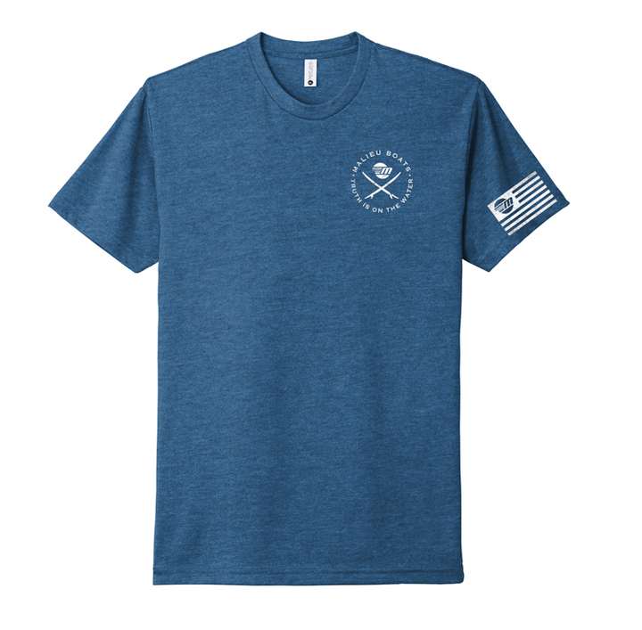 Blue Malibu Endless Wake Tee with logo and American flag graphic on the sleeve, featuring a boat and wakeboarding theme.