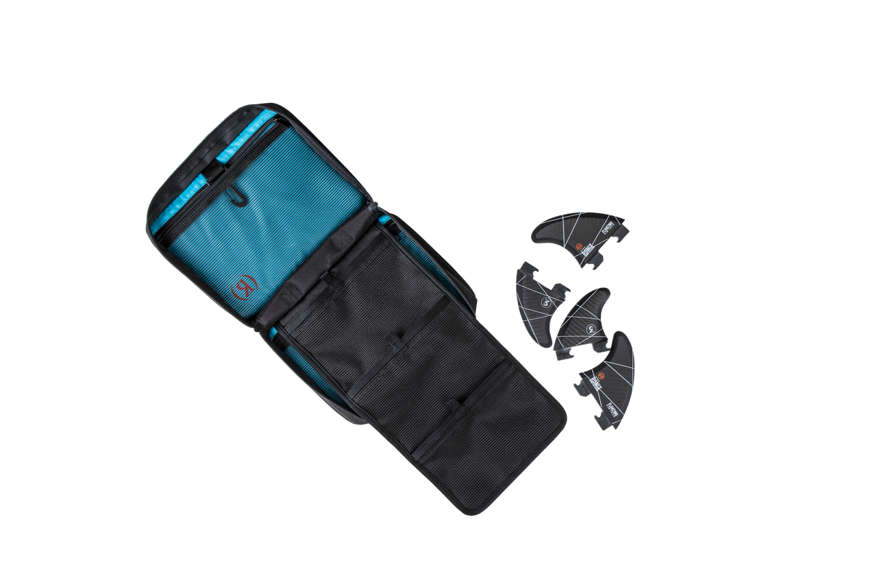 2025 Ronix Surf Fin Case with multiple black fins inside a blue and black carrying case, designed for surfboard fin storage.