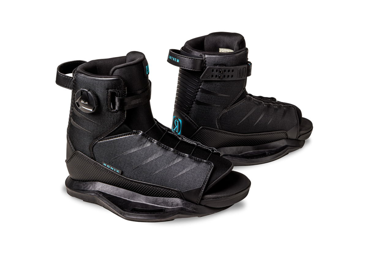 2025 Ronix Anthem Boa Bindings in black, featuring adjustable straps, padded interior, and durable construction for wakeboarding.