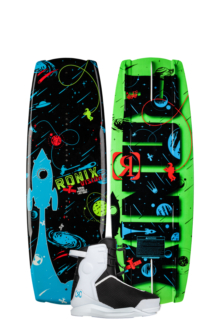 Colorful 2025 Ronix Vision Kid's Wakeboard with space-themed graphics, featuring a wakeboard binding and a green and black design.