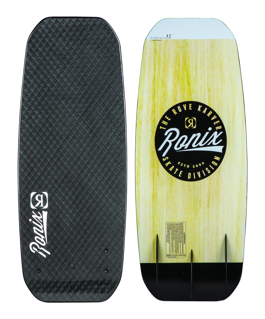 2025 Ronix Rove Karver wakeskate with black textured deck on the front and yellow woodgrain design with logo on the back.