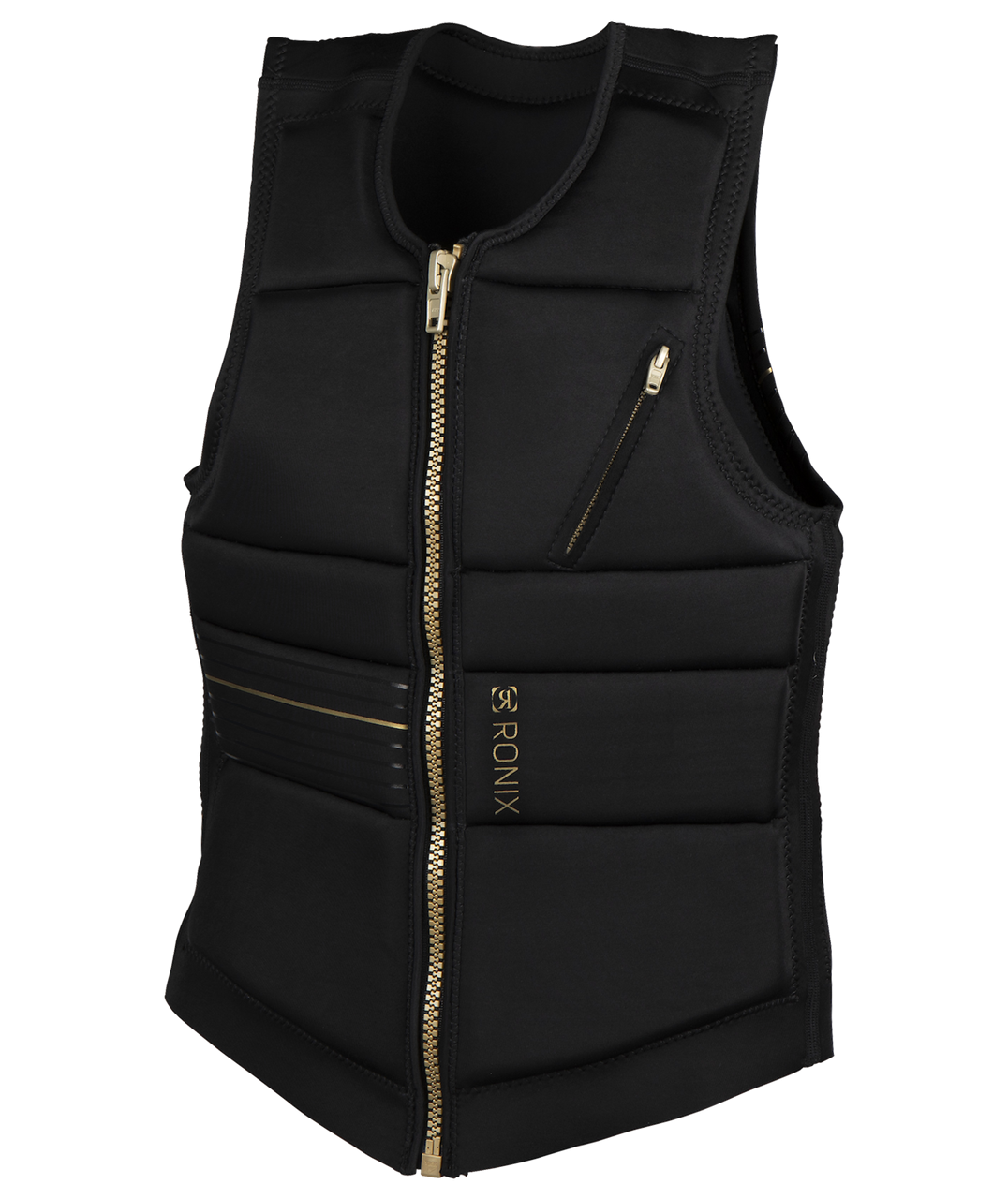 2025 Ronix Rise women's impact vest in black with gold accents, featuring a front zipper and multiple storage pockets.