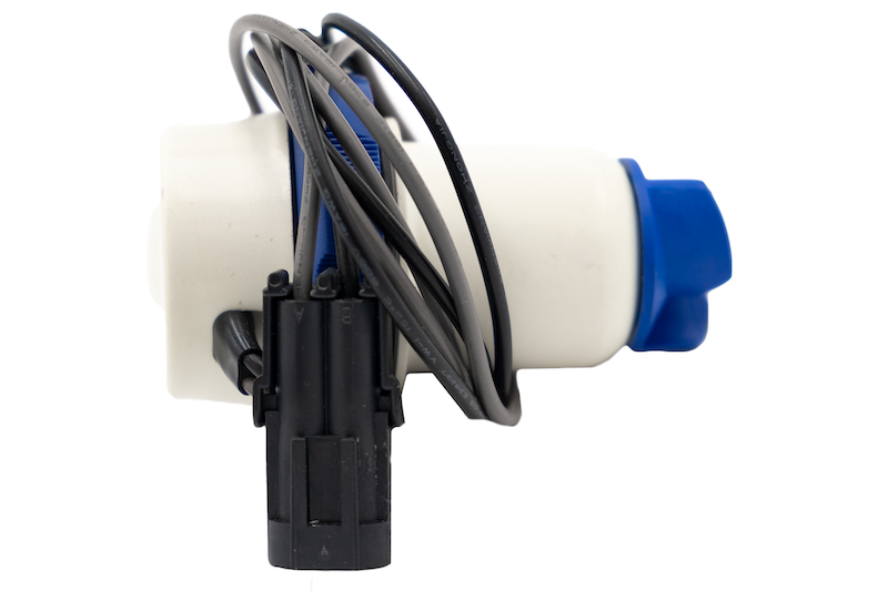 Ballast pump cartridge with Delphi connector for 800 &amp; 1100 GPH, featuring wiring and blue cap, used in marine ballast systems.