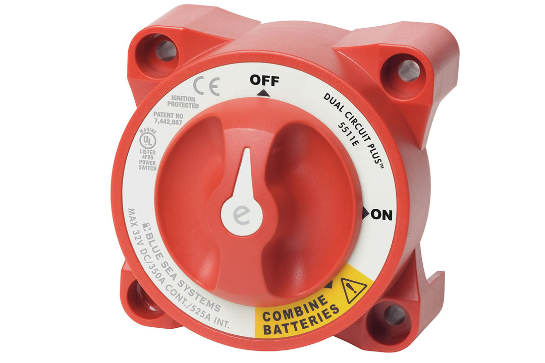Red dual circuit battery switch with ON/OFF positions, used to combine batteries in marine or power systems.