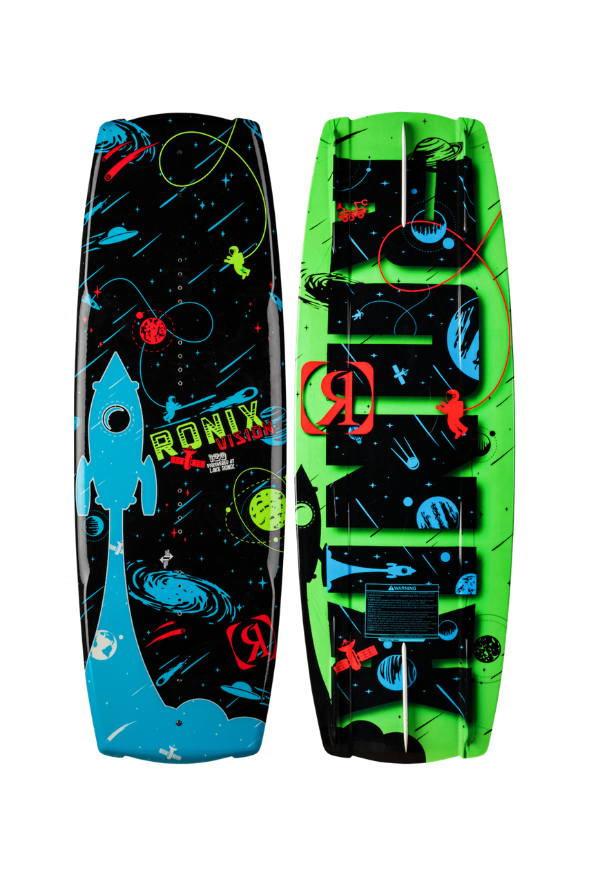 2025 Ronix Vision Kid's Wakeboard with space-themed graphics, vibrant colors, and adjustable bindings for young riders.